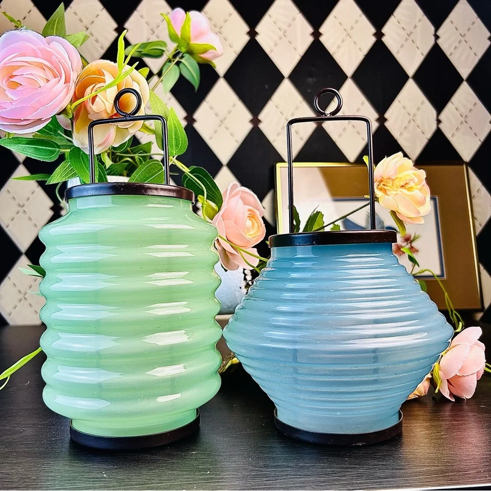 Mid Century Modern‎ Ribbed Glass Tea Light Lanterns, Pair Candle Indoor Outdoor